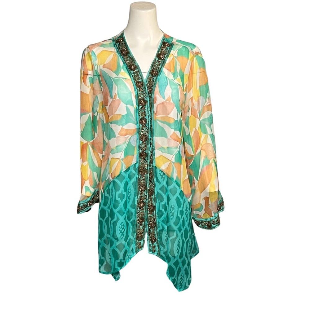 Soft Surroundings 1X Beaded Kimono Cardigan Teal Floral Boho